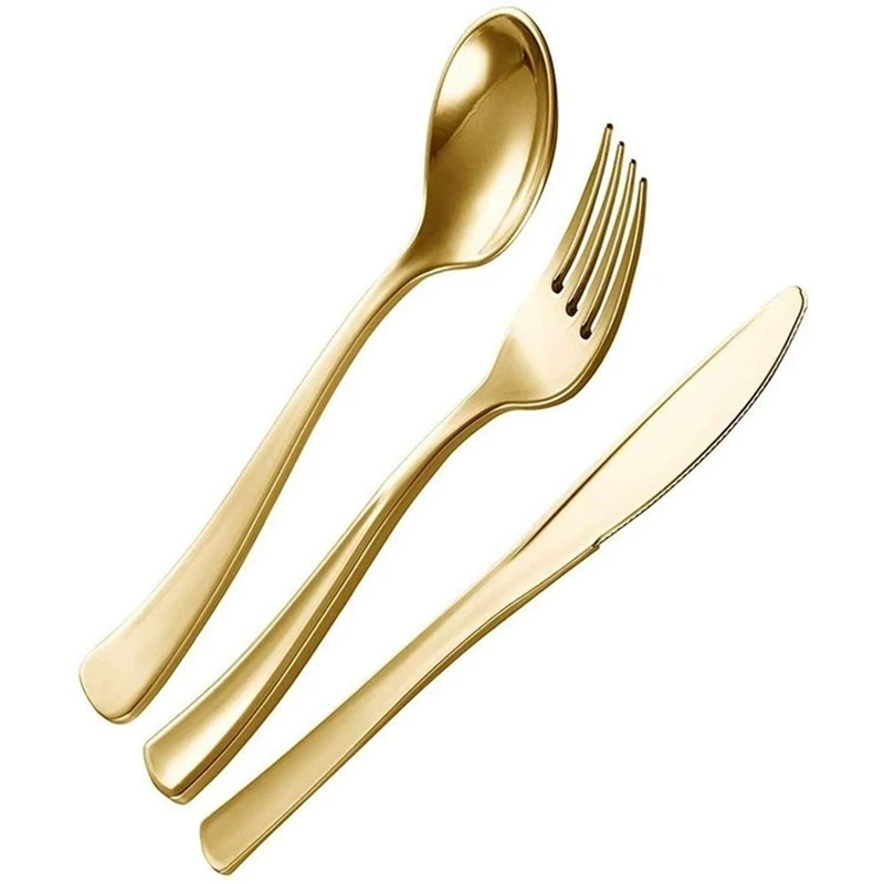 

300 Disposable Gold Tableware Wedding Plastic Tableware Gold Birthday Meal Knife Fork Spoon Tableware Collection