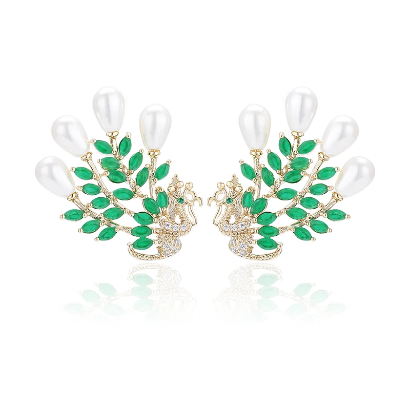 Изысканные роскошные женские серьги-гвоздики с павлином и имитацией жемчуга для