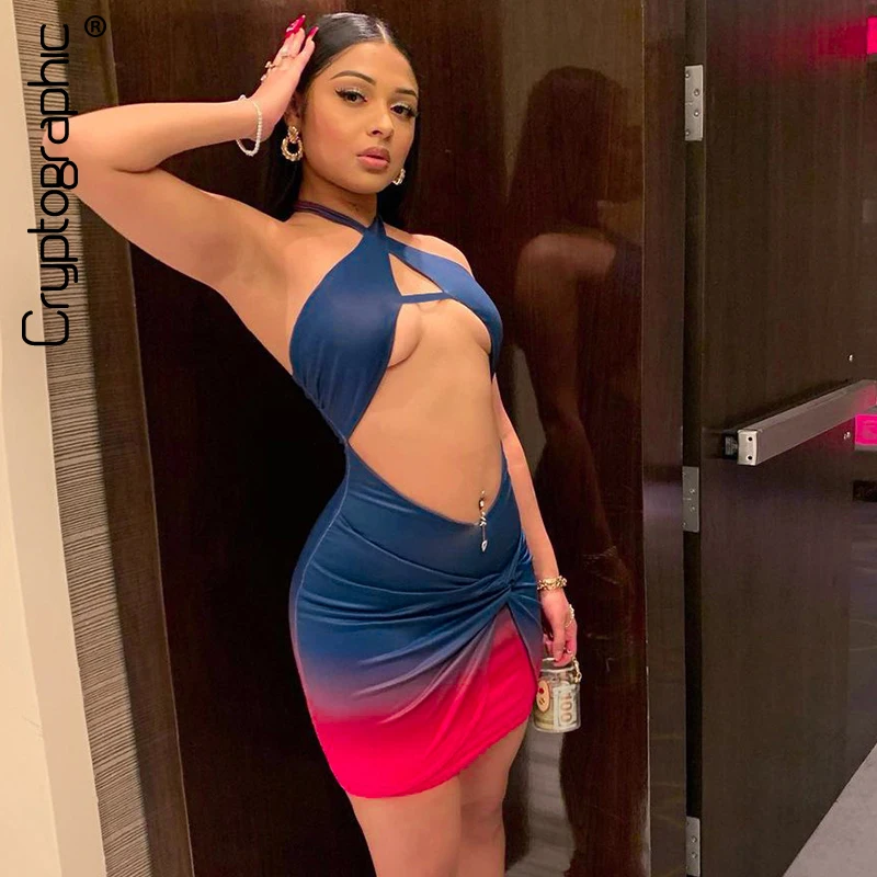 

Cryptographic Ruched Halter Sexy Cut-Out Mini Dress Club Party Sleeveless Draped Women's Summer 2021 Dresses Bodycon Outfits