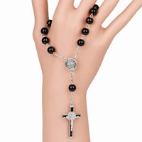 8 mm black beads cross rosary bracelet handmade catholic glass pearl prayer fashion anniversary accessories gifts for unisex