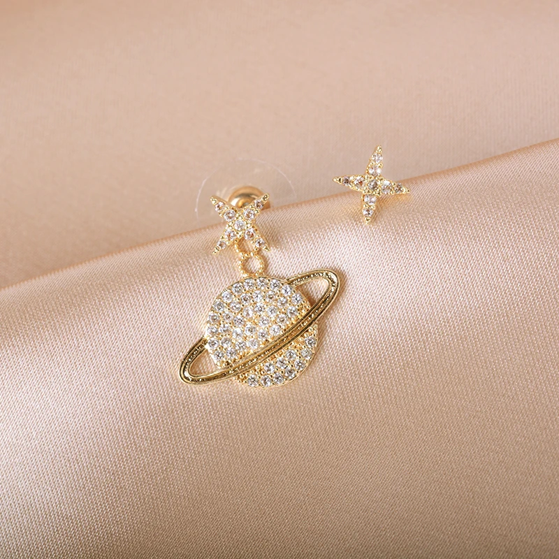 

Planet Stud Earrings Fashion Jewelry 2020 S925 Needle Gold Rhinestore Asymmetric Small Ear Rings for Women New Style Simple