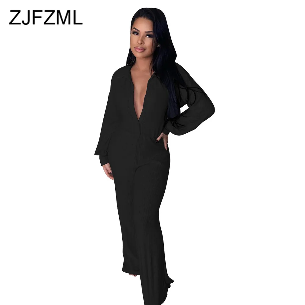 

Женский комбинезон в рубчик, черный, бежевый, белый, оранжевый комбинезон с длинными рукавами, отложным воротником и широкими штанинами, вин...