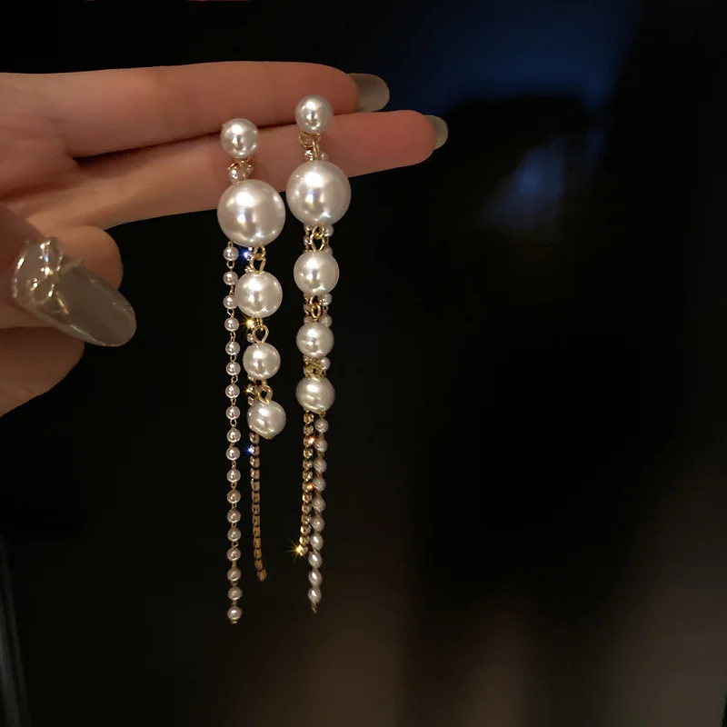 

S925 Silver Needle Inlaid Rhinestone Pearl Tassel Earring Women's New Irregular Long Style Elegant Advanced Earrings Fashion