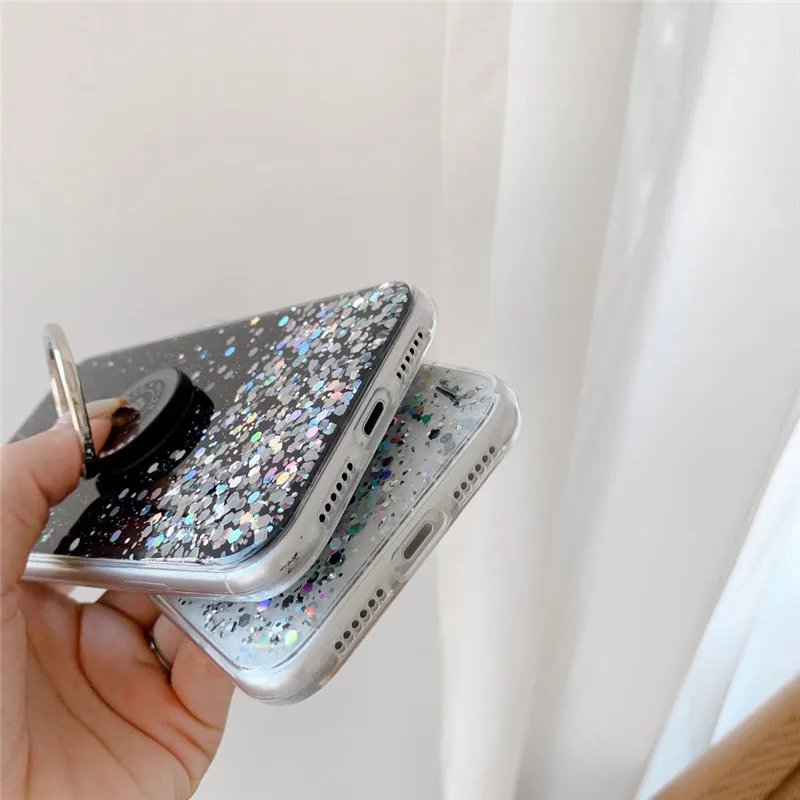 

Gold Foil Glitter With Ring Phone Case For iPhone 12 11 Pro XR XS X XS Max 7 8 6 6S Plus Phone Back Cover Clear Phone Soft Shell