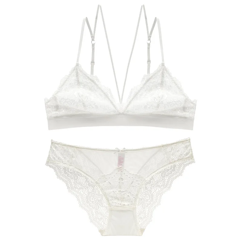 

French Sexy Hollow Out Seductive Underwear No Sponge Lace Bra Ultra-thin Underwire Bra Set