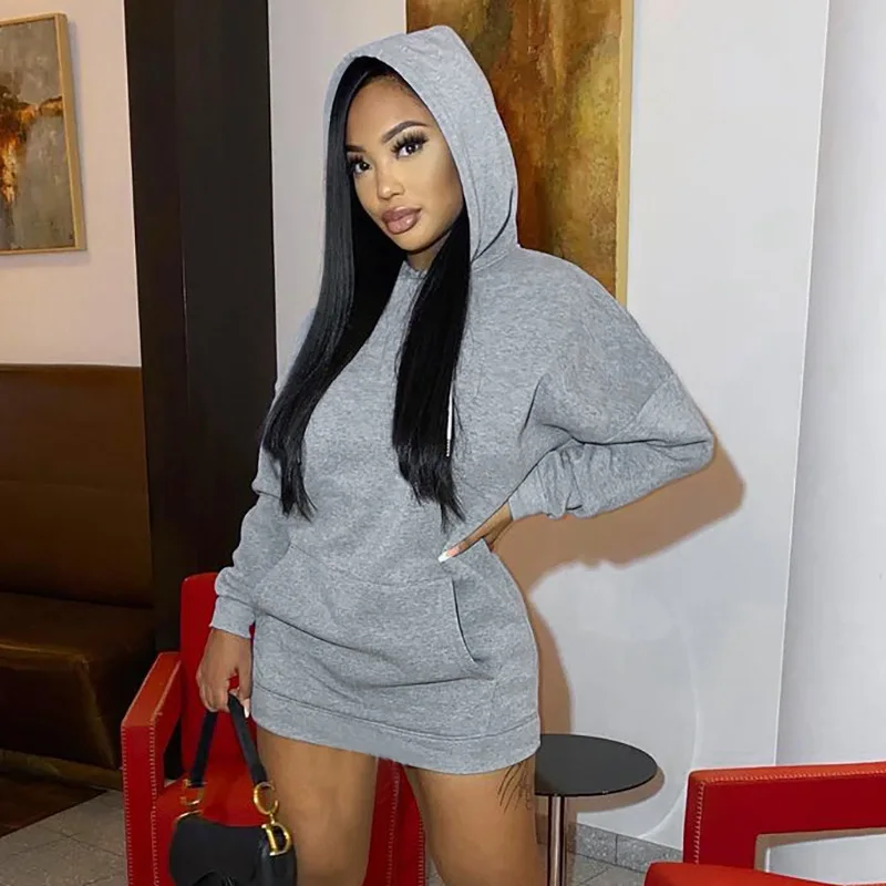 

2021 Autumn Winter Pocket Hooded Long Sleeve Dress for Women Fashion Streetwear Style Grey Casual Loose Dresses Fall Clothes