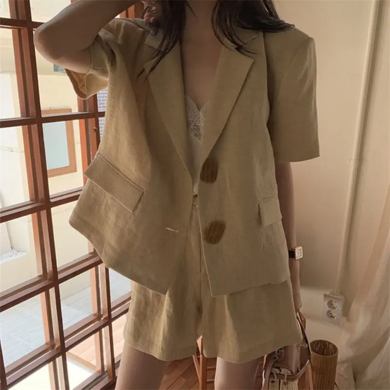 Костюм женский из 2 предметов Тонкий Блейзер цвета хаки хлопка и льна в