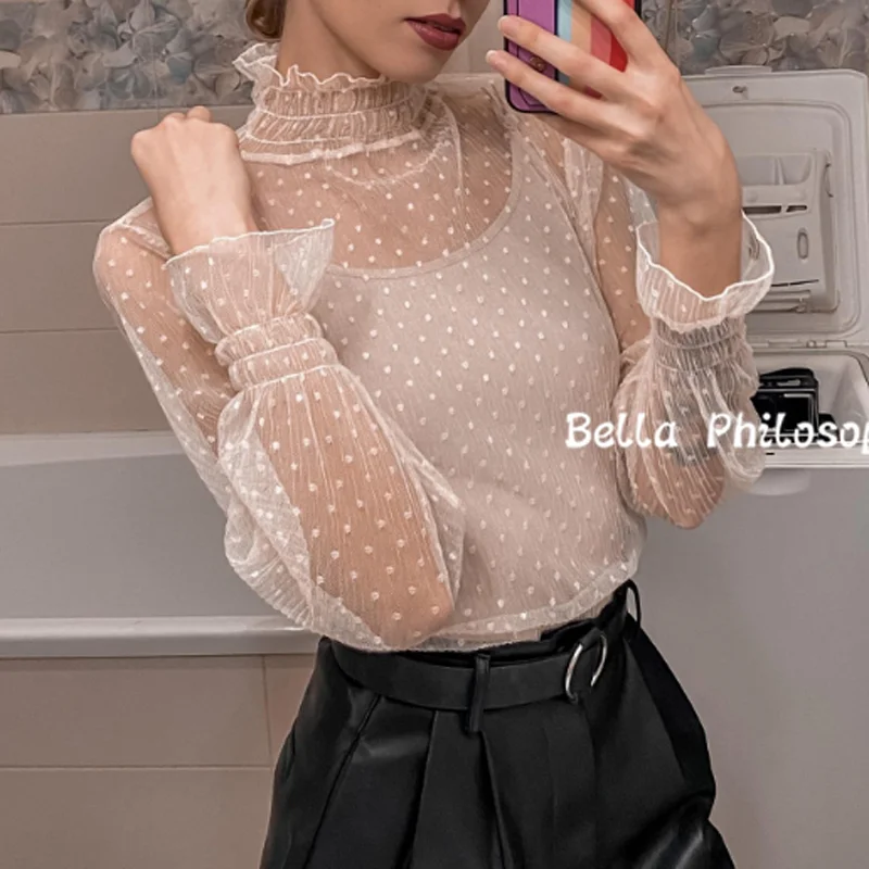 2020 nouveau Transparent Coréen Lâche Femmes Dentelle Chemisier 3 Couleurs Femmes Fond Chemisiers Grande Taille Moins Cher Hauts