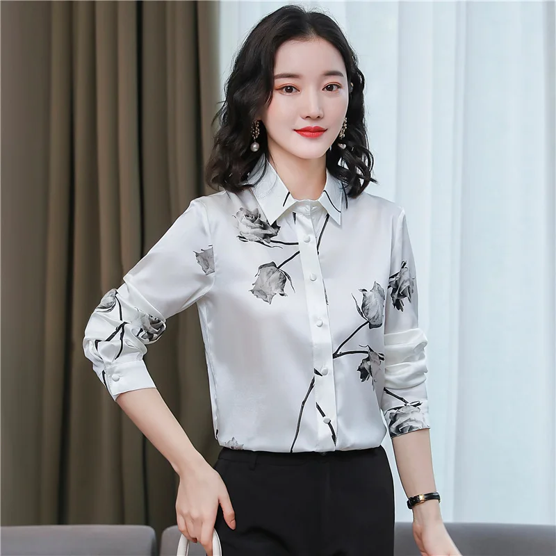 

Korean Fashion Silk Women Blouses Office Lady Shirts Satin Long Sleeve Womens Tops and Blouses Plus Size XXXL Blusas Largas