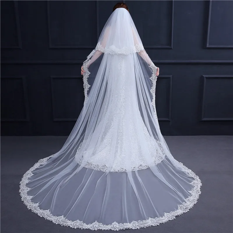 

Real Photo 3m Duble Layer Wedding Veil With Comb White Lace Edge Bridal Lvory Appliqued Cathedral Accessories Mariage