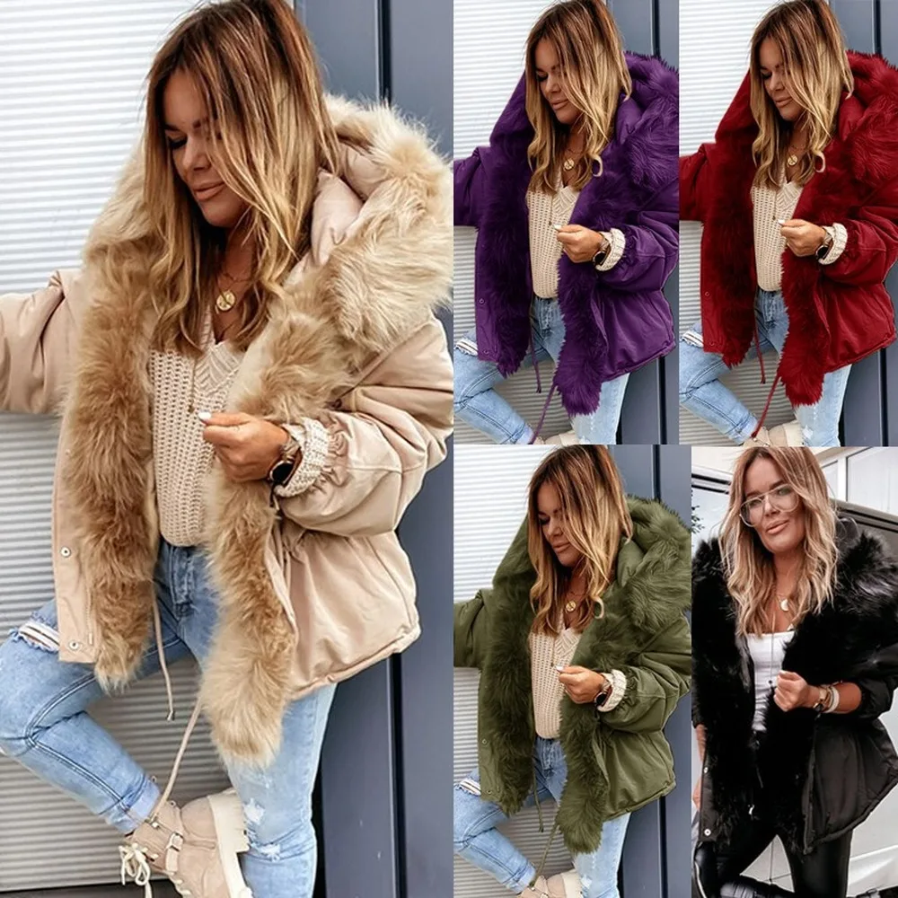 

Lugentolo Winter Women Jacket Fur Collar Plus Size Parkas Thick Zipper Solid Long Sleeve Drawstring Womens Clothes