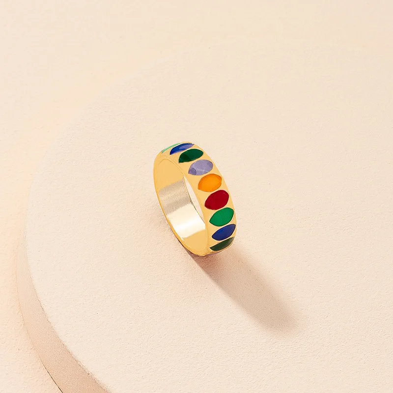 

Bohemian Vintage Colorful Golden Metal Drop Oil Round Finger Rings For Women Girls Party Rainbow Holiday Trip Jewelry Gifts