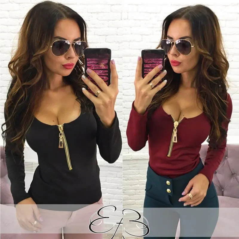 Осенняя модная женская футболка на молнии удобные топы с длинными рукавами и