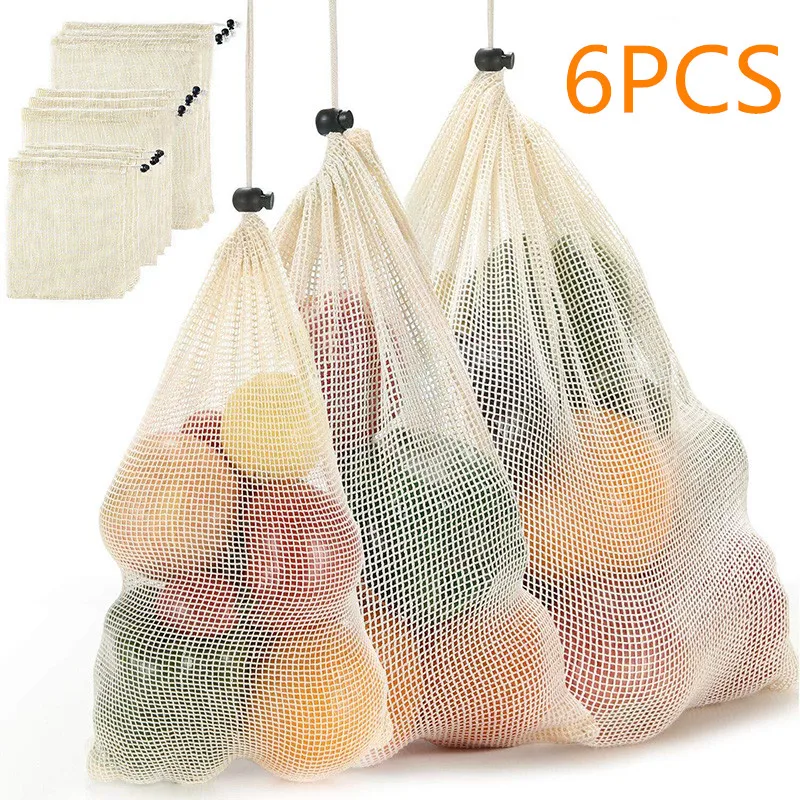 

Reusable Cotton Mesh Produce Bags 6 Pack Eco-Friendly Zero Waste Vegetable Fruit Bags Cotton Produce Bag For Shopping & Storage