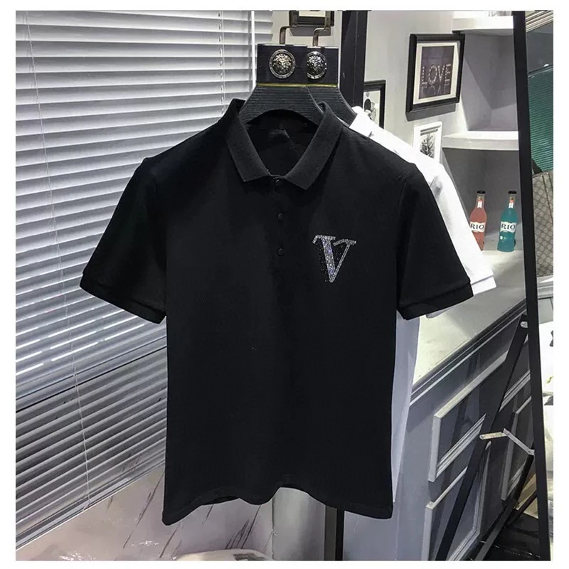 

Spring and summer new short sleeve high quality fashion rhinestone brand slim polo shirt men