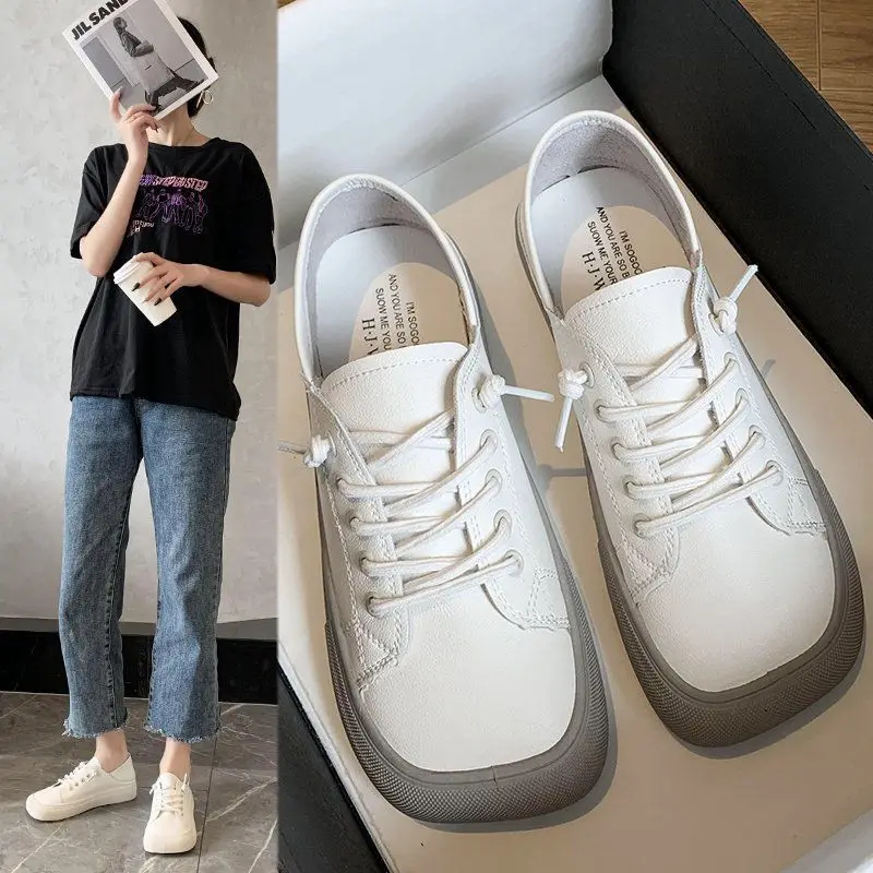 

Кроссовки женские из ПУ кожи, повседневная обувь с квадратным носком, на шнуровке, белые, Размеры 35-40, весна