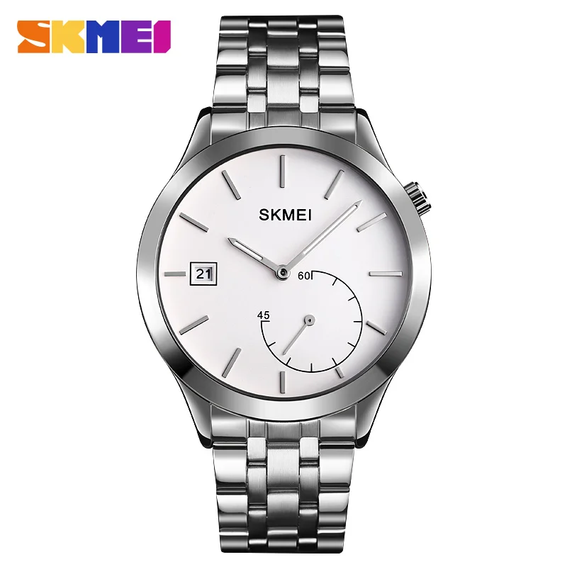 Silver Steel SKMEI Бизнес Мужские кварцевые часы водонепроницаемые часы для отдыха часы с календарем наручные часы кожаный/стальной ремешок Relogio Masculino 1581 человек - Цвет: Silver Steel