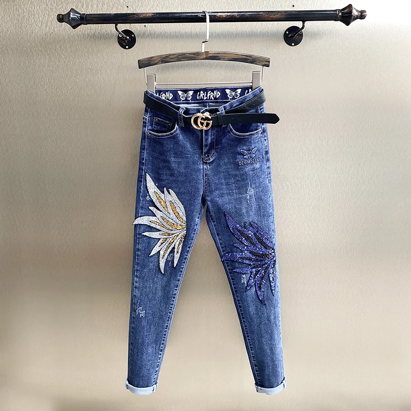 

2020 New Spring Autumn Woman Denim Trousers Butterfly Sequins Slim Hip High Waist Skinny Pencil Jeans Office Lady Boots Jeans