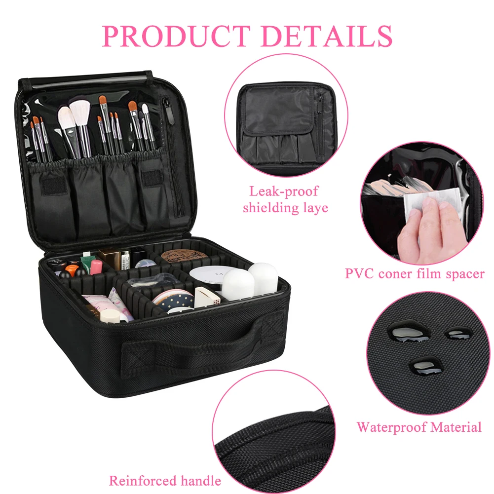 

Makeup Bag With Adjustable Dividers Accessories Handle Case Multilayer Multifunction Wash Necessity Travel Organizer Zipper