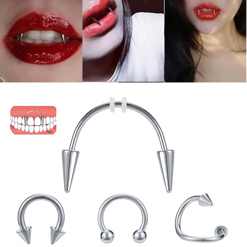

ZS 1PC Dracula Nail Stainless Steel Smiley Piercing 6/8/10MM Horseshoe Punk Nose Rings Vampire Fangs Zombie Teeth Body Jewelry