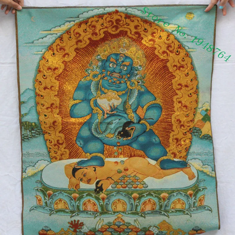 

36-дюймовая шелковая вышивка тибетского буддизма, желтый джамбалла, богатство, Бог, живопись танка, роспись