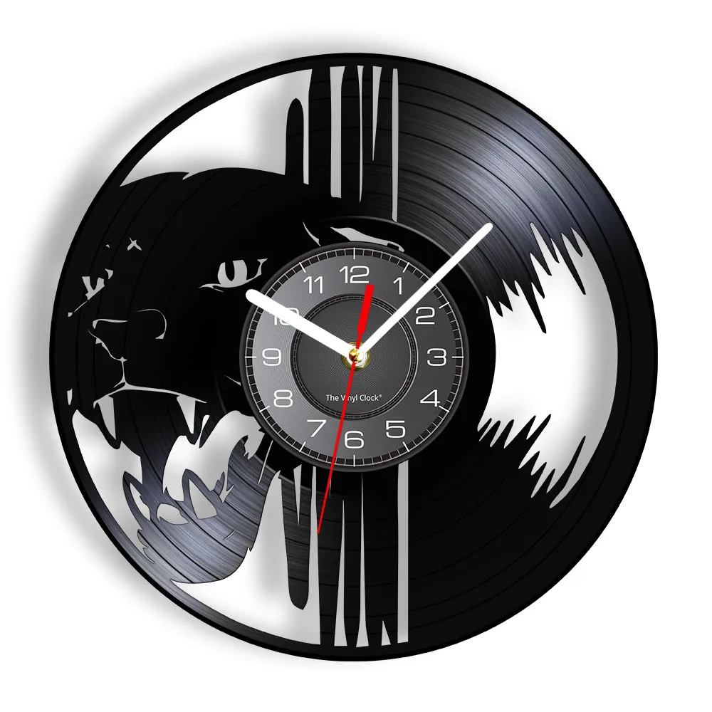 Black Leopard Head Wall Clock Made Of Re-purposed Vinyl Record Howling Panther Wild Animal LED Lighting Wall Watch Hanging Decor