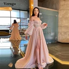 Вечернее платье-трапеция Verngo, блестящее пыльно-розовое платье с открытыми плечами, длинными рукавами, аппликацией, бисером, на шнуровке, для выпускного вечера, размера плюс