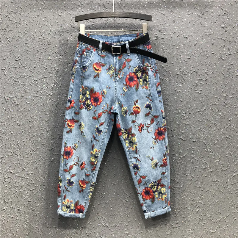 Flower jeans high waist fashion woman denim harem pants flower print loose cropped trousers women's | Женская одежда