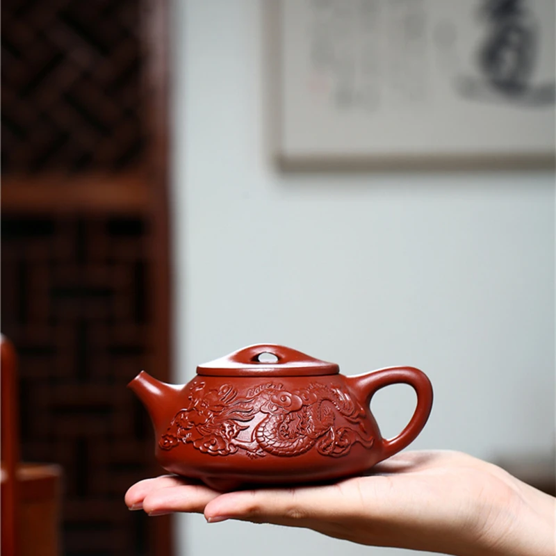 handmade carved dragon relief tea pot traditional craft marked shipiao pot Chinese true yixing zisha dahongpao clay on sales
