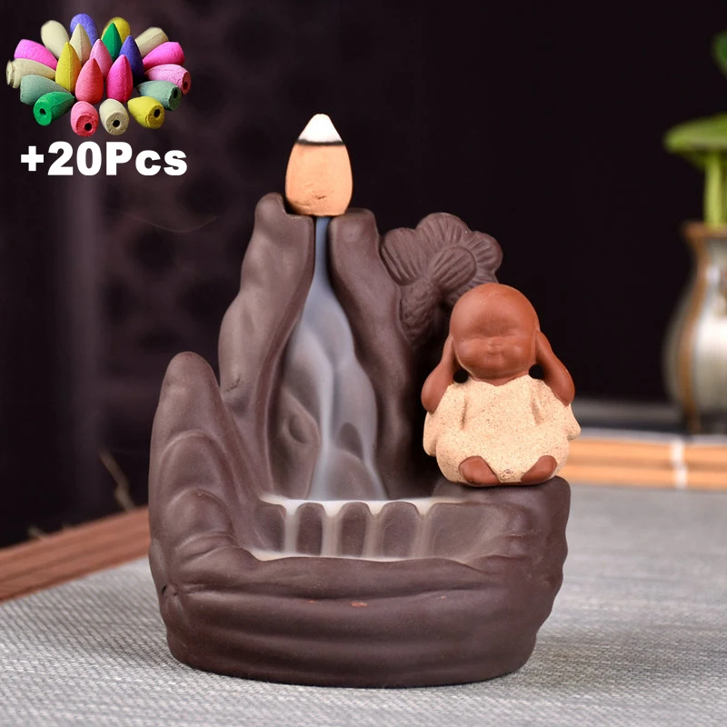 E1026 and 20Incense Фиолетовый Глиняный Чайник благовония церемония медитация тихий космический Декор алтарь благовония горелка с Буддой лотоса водопад благовония курильница - Цвет: E1026 and 20Incense