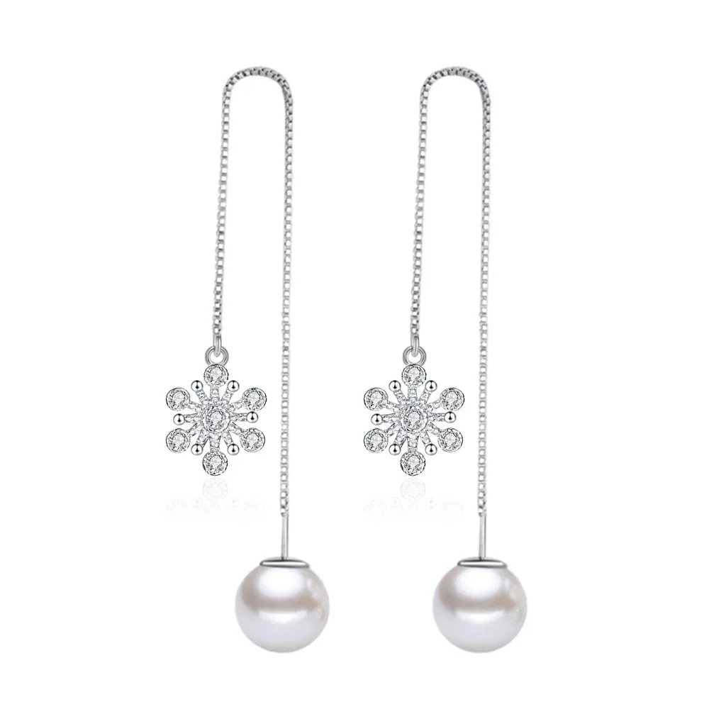 

Trendy Snowflake Crystal Pearl 925 Sterling Silver Lady Long Tassel Stud Earrings Wholesale Jewelry Women Birthday Gift