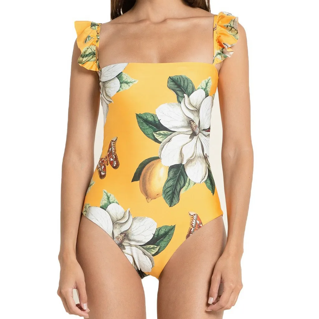 Женский пикантный костюм с квадратным вырезом и цветочным принтом слитный