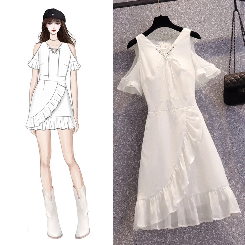 

COIGARSAM Office Lady Women one-piece dress korean New Summer Ruffles Solid Woolen Short Sleeve Loose Dresses White 5032