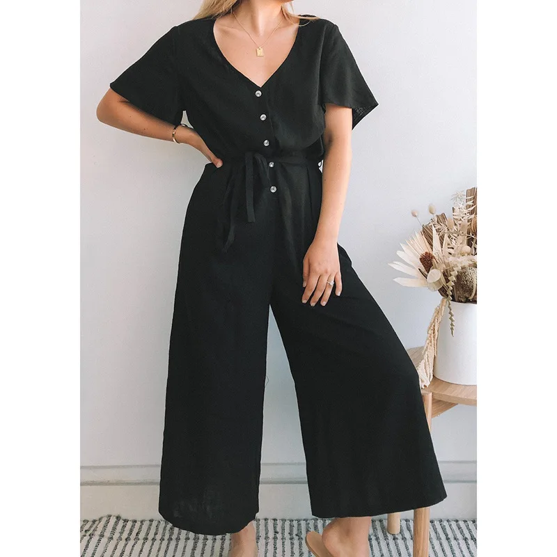 

Women 2021 Summer Black Breathable Button Lace-Up Short Sleeve V-Neck Jumpsuit Vintage Fashion Monos Mujer