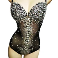 sparkling rhinestones pearl sling bodysuit women black mesh gauze perspective bodycon personality performance costume ladies