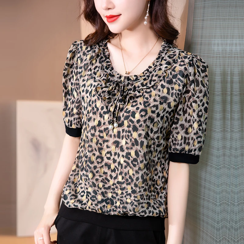 

Leopard Tops New 2021 Summer Short Sleeve Women Chiffon Shirt Elegant Slim Plus Size M-4XL Women's t-shirt Blusas