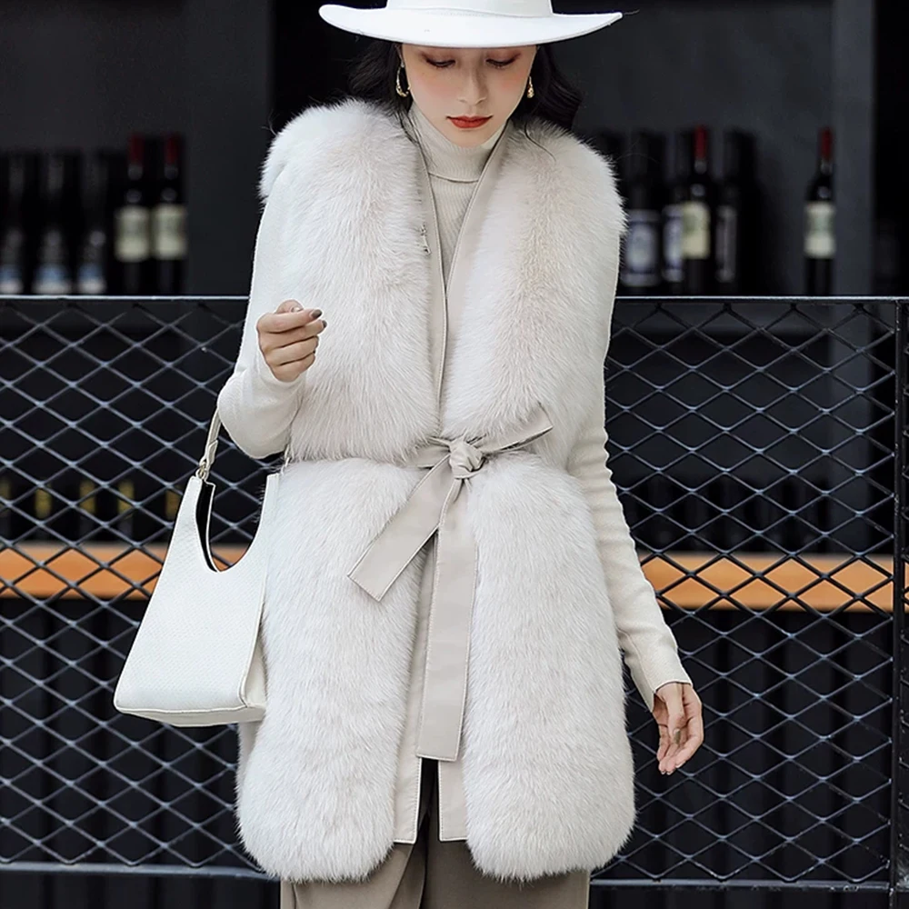 Женский Длинный Меховой жилет с поясом теплая безрукавка из натурального