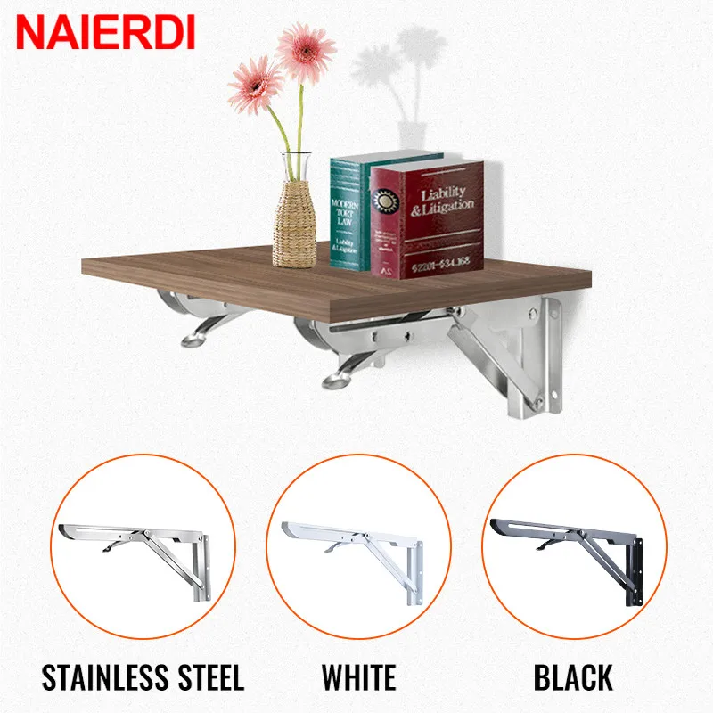 

NAIERDI 2PCS Black White Triangle Bracket Wall Mount Support Stainless Steel Folding Angle Bracket For Shelf, Bench, Table
