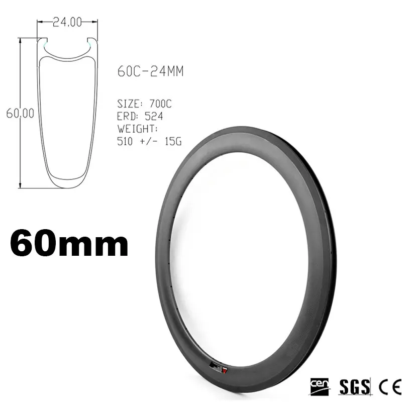 

1 Piece 24 Holes Bike Rims 700C 60mm Clincher Tuubular Full Carbon Fiber Road Bike Rim Wheel Road Triathlon Rim
