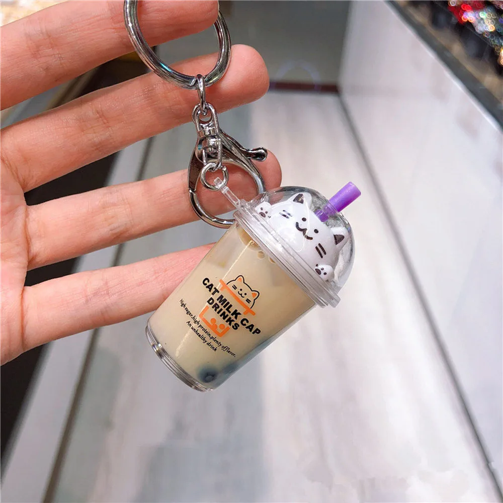 Новый брелок для ключей мультяшный Кот автомобильный миниатюрная чашка молока