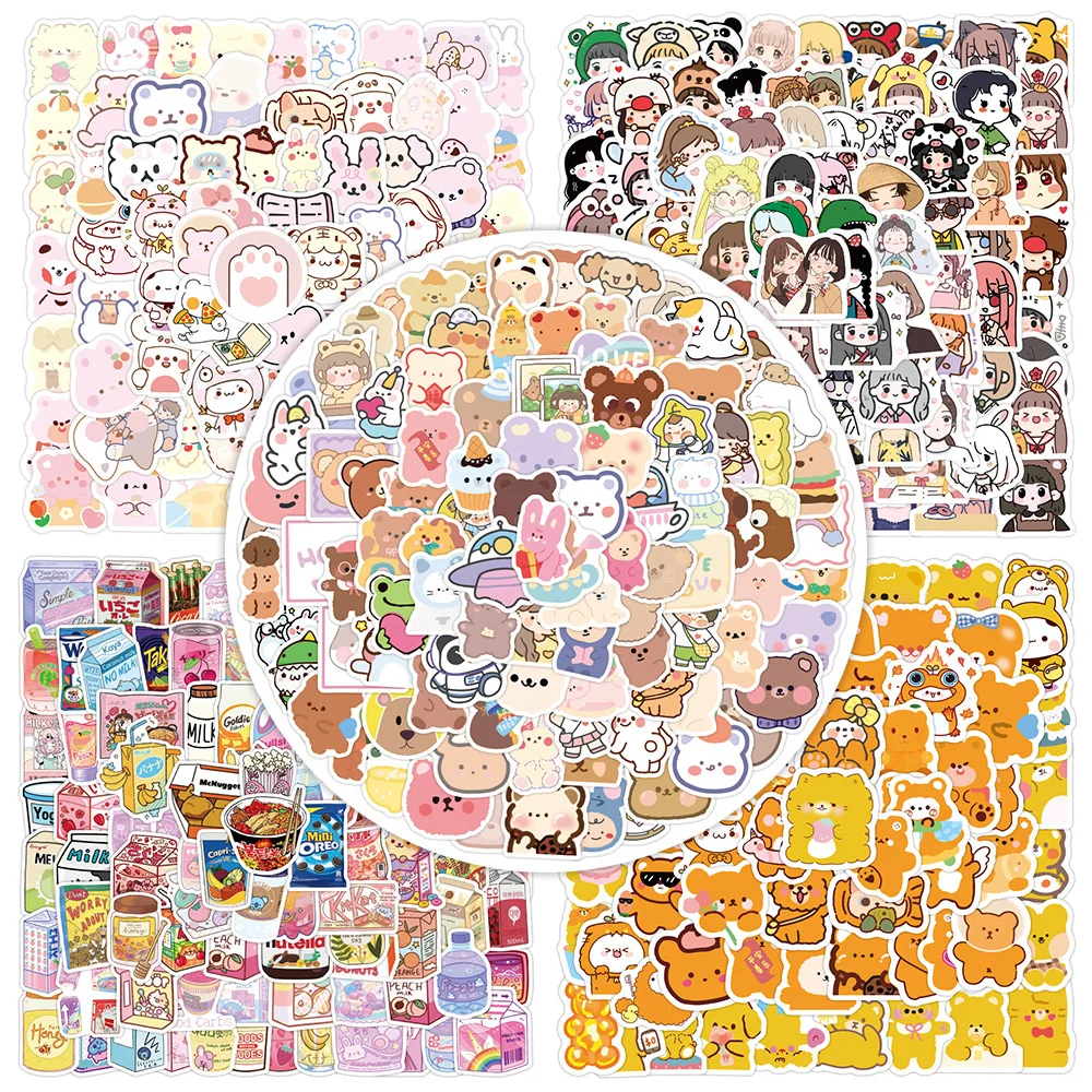 

100pcs Cute Bear Girl Snack Korean Stickers For Notebooks Stationery Pink Sticker Scrapbooking Material Craft Supplies Atheistic