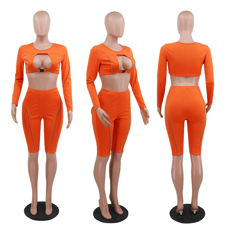 Stylish sexy hollowed-out two-piece outfit splicing round neck long sleeve waist suit and shorts new casual women's | Женская одежда