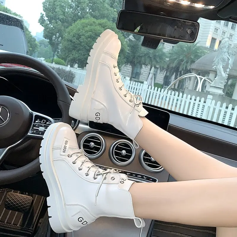

Solid Black Leather Boots Female Autumn Winter Ankle Boots for Women Shoes Woman Lace up Platform Motorcycle Boots Plus Size