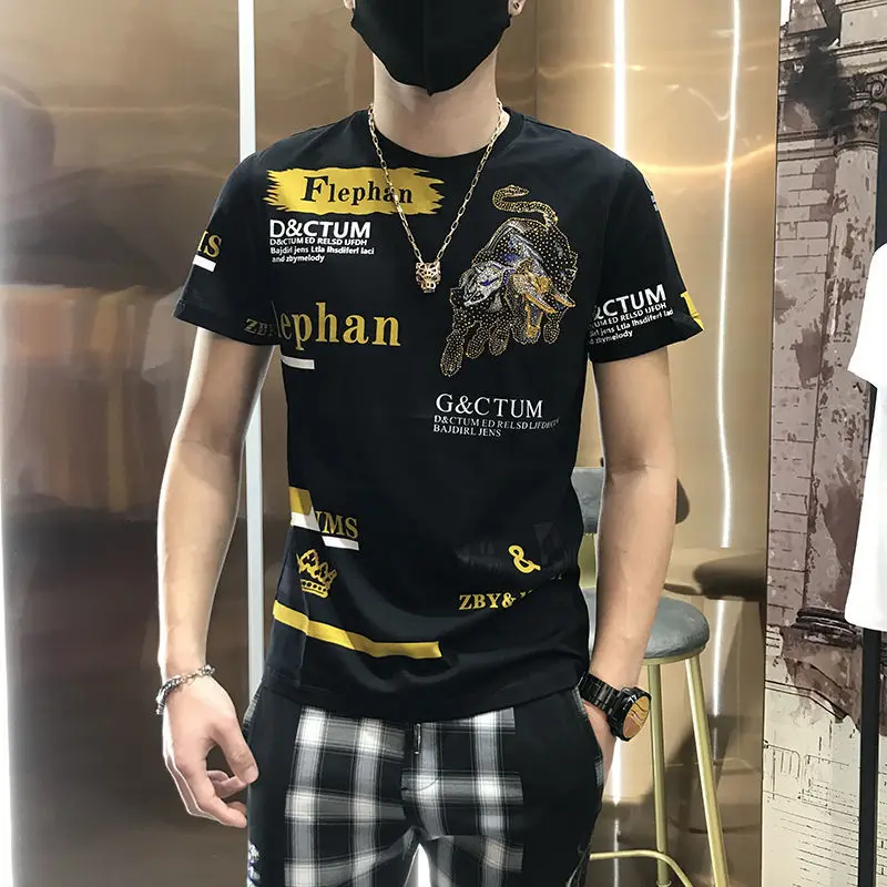 

England Style Fancy T shirt Men Diamond Print Short Sleeve T-shirt Men's fashion Summer Rhinestone Letter Printing T Shirts
