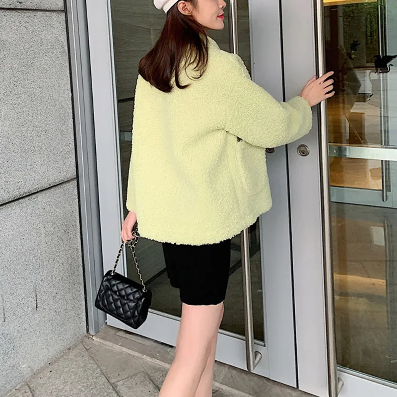 PERHAPS U Women White Green Faux Fur Jacket Coat Turn Down Collar Pocket Outwear Horn Button Warm Thick Ted Lamb Fur Solid C0252