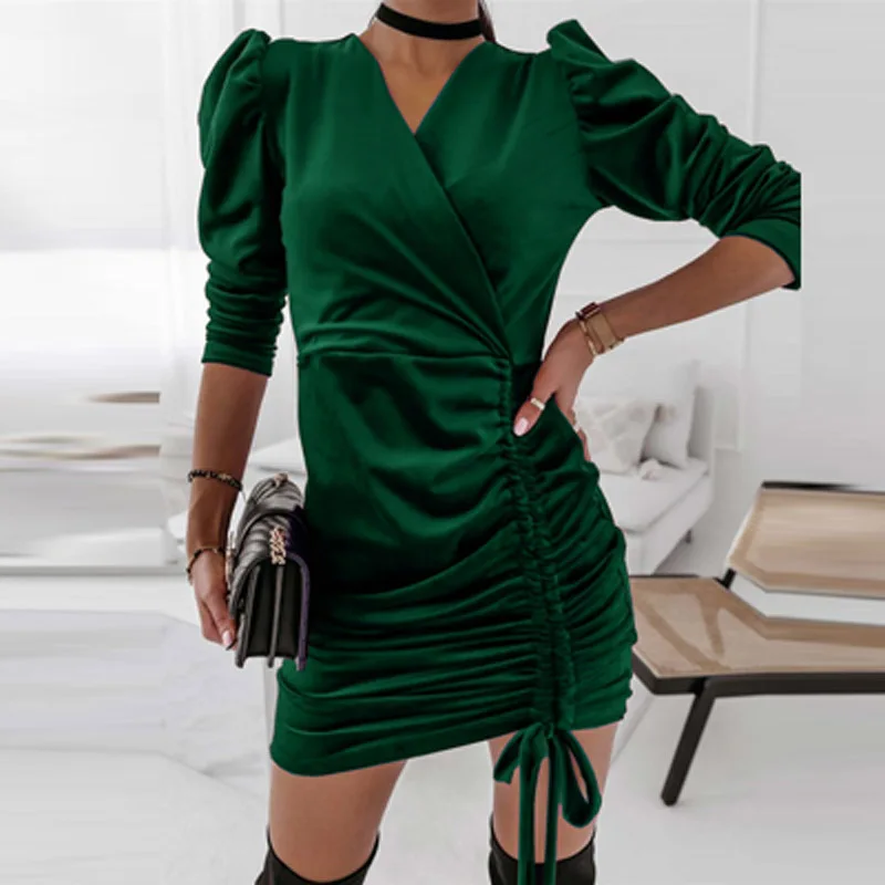 

Casual Winter Turtleneck Warm Mini Dress Autumn Long Puff Sleeve Party Dress Elegant Bandage Belt Women Velvet Dress Streetwear