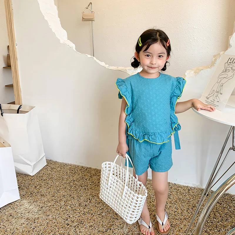 

Baby Girl Clothing Sets Children's Suit Summer New Korean Style Two Piece Butterfly Sleeve Sleeveless Shirt and Shorts Sets