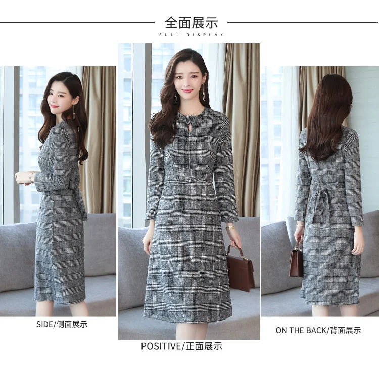 Винтажные клетчатые миди платья осень зима 2XL Плюс Размер одноцветное платье с длинным рукавом элегантные женские облегающие вечерние платья