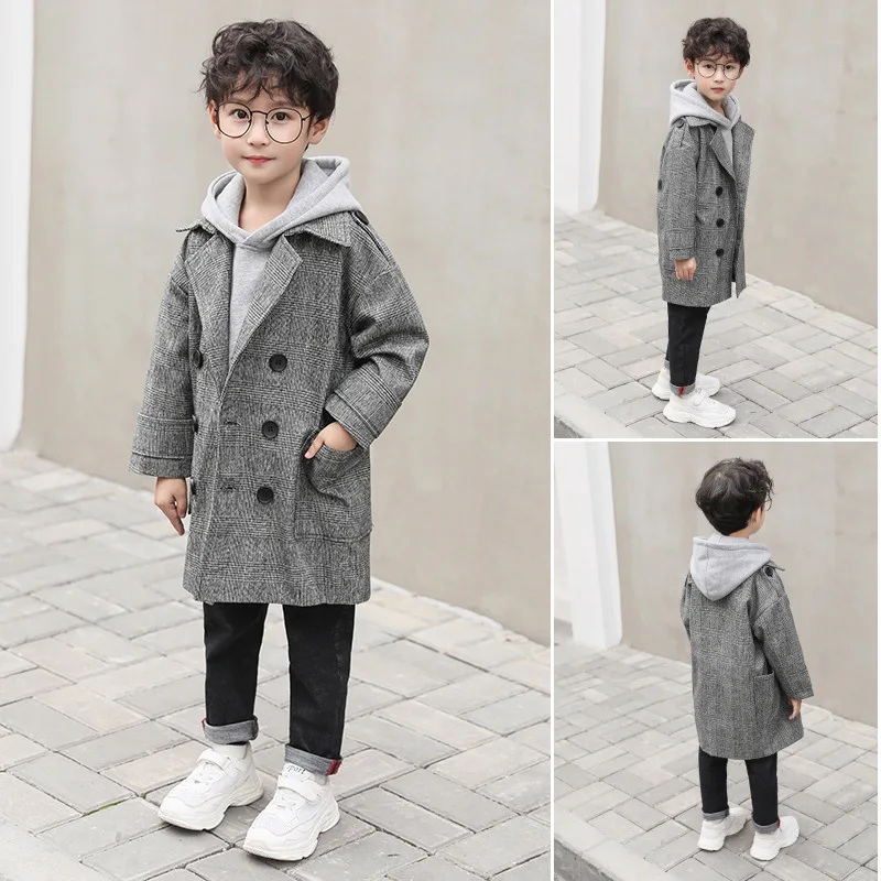 Thicken Autumn Winter Boys Plaid Woolen Blends Coat Children's Long Wool Double-breasted Jacket Windbreaker Kids Winter Overcoat