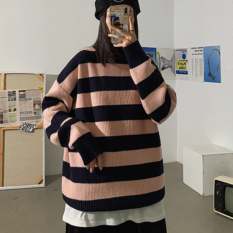 

Women Striped Knitted Sweater Autumn Winter Thick Warm Pullovers Oversized Turtleneck Sweaters Unisex Loose Jumper Streetwear